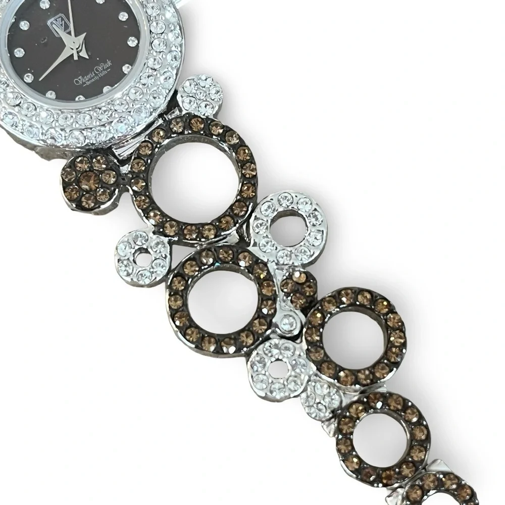 Victoria Wieck Women's Crystal Black Dial Gold Silver Rhinestone Bracelet Watch